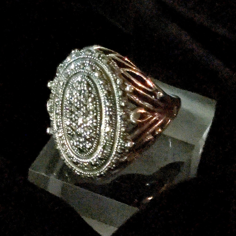 Vintage 925 Sterling Silver Marcasite Oval Statement Ring Size 10 17g